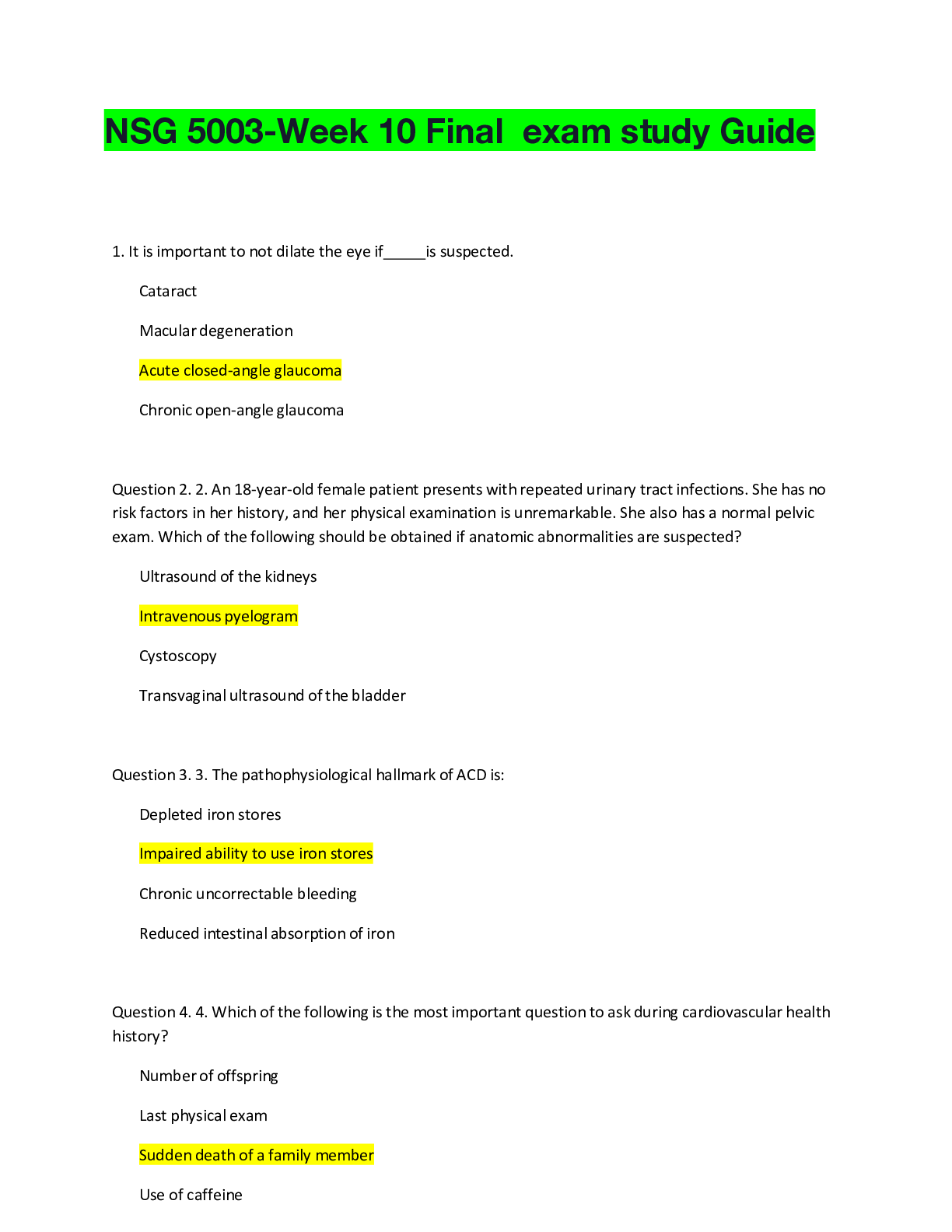 Preview image of NSG 5003-Week 10 Final  exam study Guide document